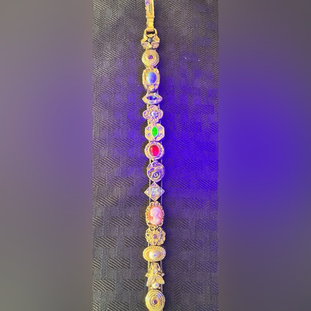 SOLD! Victorian Revival Gold Tone Slide Charm Bracelet with Uranium Glass - Picture 2 of 8